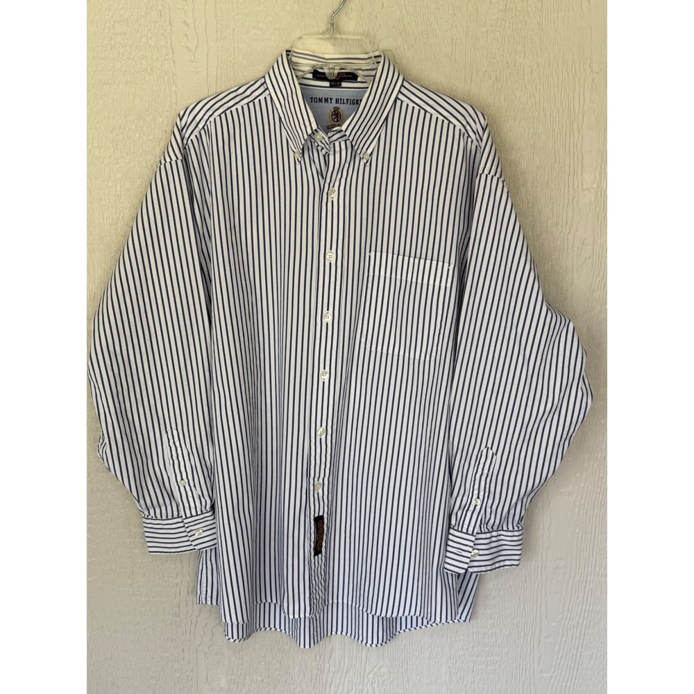 Tommy Hilfiger Mens Button Down Shirt  Striped Cotton 16.5 34 Long Sleeve